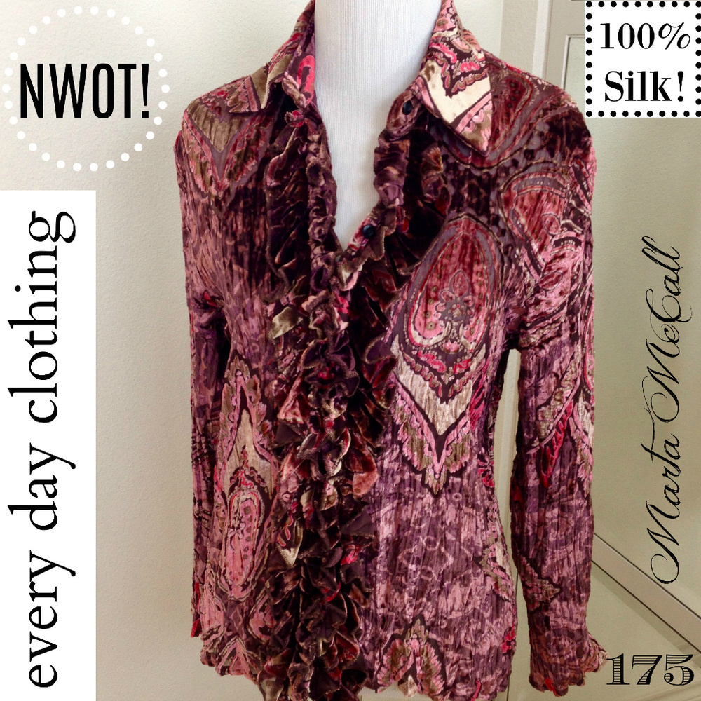 EVERYDAY 100% Silk Velvet Burnout Crinkle Blouse S